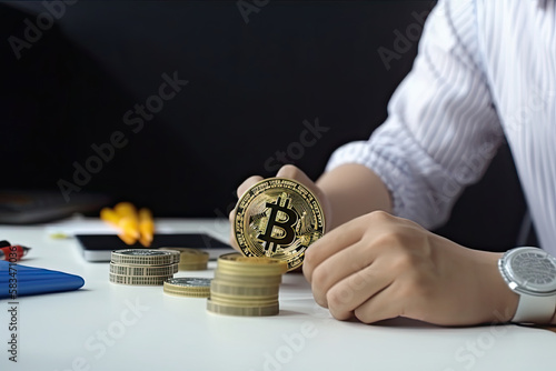 Businessman shows the trend of driving digital currency. Illustration AI Gene...