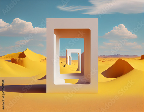 3D render surreal desert landscape with square portals on a sunny day  an modern abstract surreal background