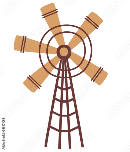 Rural windmill and watermill. Ideal for logo, printing and postcards. Vector illustration isolated on the white background. 