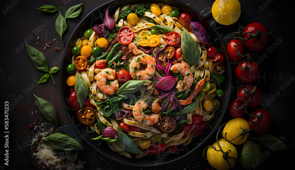 Photo colorful pasta with vegetables and shrimp, generative ai