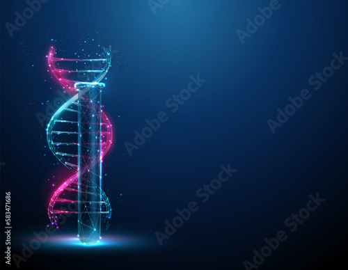 Color 3d DNA molecule helix inear the lab test tube