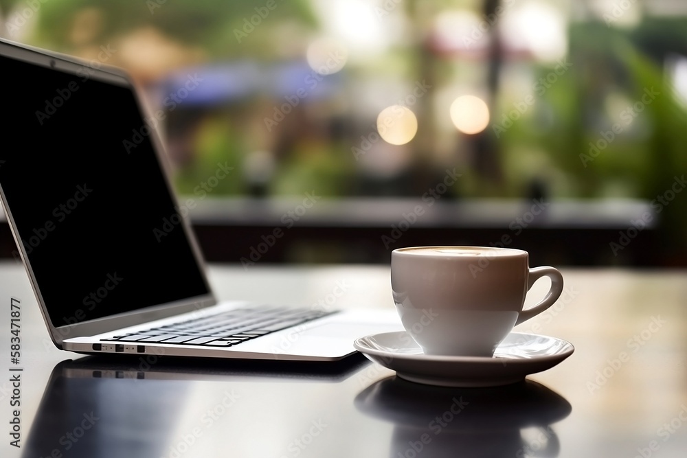 Online Business with Laptop on Table and Blurred Background of White Coffee Cup Closeup Online Business with Laptop on Table and Blurred Background of White Coffee Cup Closeup