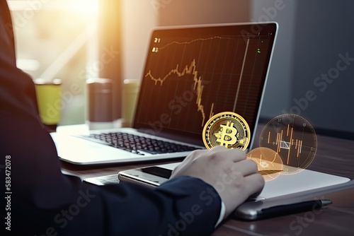 Businessman shows the trend of driving digital currency. Illustration AI Gene...