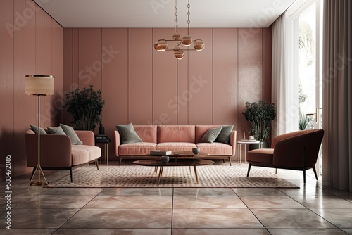 Interior of a brown living room with a tiled floor  a pink sofa  and two armchairs next to a coffee table. a mockup. Generative AI