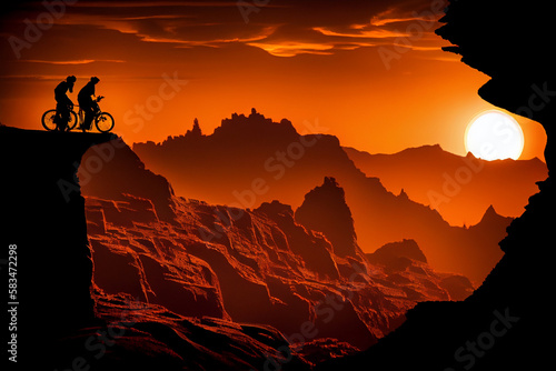 Silhouettes of Athletes Mountain Biking on a Trail with Mountain Range in the Background. AI Generated ©  iiulia