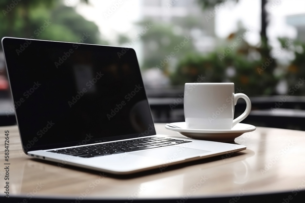 Online Business with Laptop on Table and Blurred Background of White Coffee Cup Closeup Online Business with Laptop on Table and Blurred Background of White Coffee Cup Closeup
