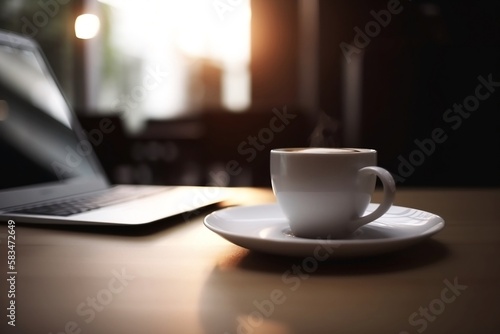 Online Business with Laptop on Table and Blurred Background of White Coffee Cup Closeup