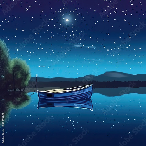 Boat on the Lake of the starry night. Illustration AI Generative.