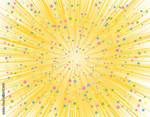 紙吹雪が舞うオレンジ・黄色の集中線、グラデーション