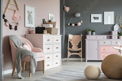 a picture of a chic armchair and a chest of drawers in a well lit kids' room. Generative AI © 2rogan