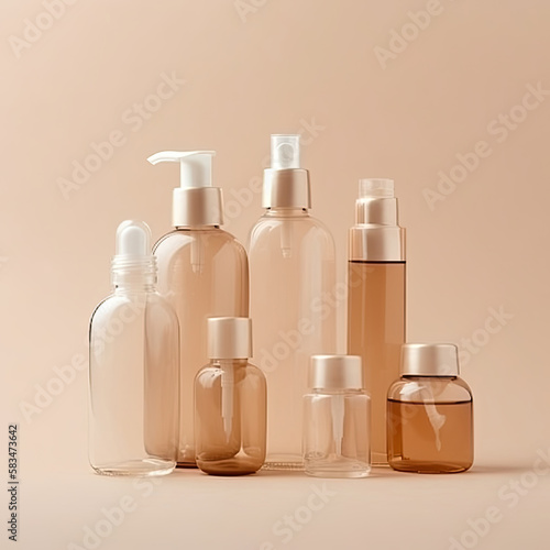 Empty Cosmetic Bottles. Illustration AI Generative.
