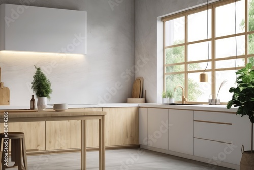 Mockup of a white blank canvas in a corner kitchen set made of light wood and concrete with lamps and appliances. Unoccupied kitchen room with a large window and a blank frame. Generative AI
