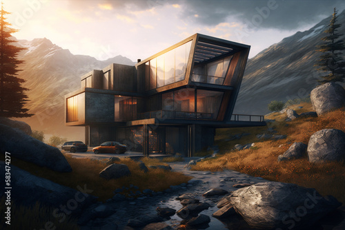 Contemporary modern house in the mountains. Created with Generative AI technology.