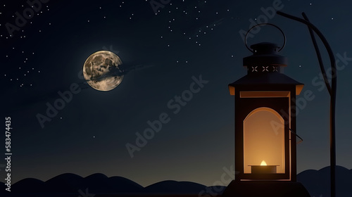 Lantern with burning candle and night sky Illustration AI Generative.