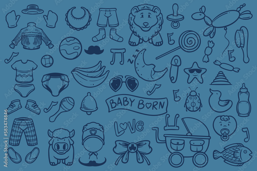 Set of doodle new baby born drawing isolated on blue background.
