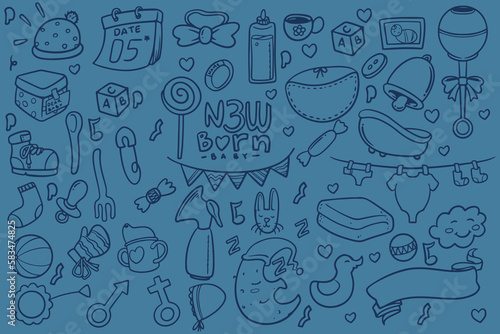 Set of doodle new baby born drawing isolated on blue background.