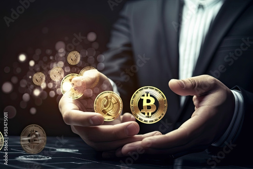 Businessman shows the trend of driving digital currency. Illustration AI Gene...