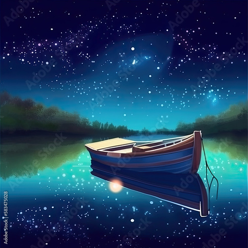 Boat on the Lake of the starry night. Illustration AI Generative.
