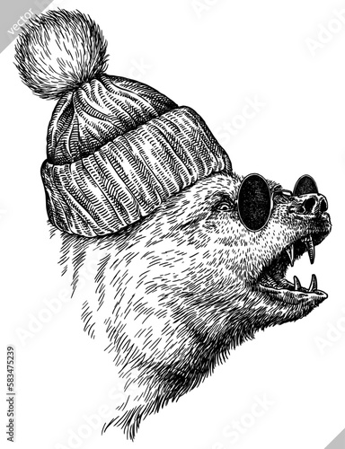 Vintage engrave isolated black bear set dressed fashion illustration ink costume sunglasses sketch. American grizzly background asian animal silhouette glasses hipster hat vector art