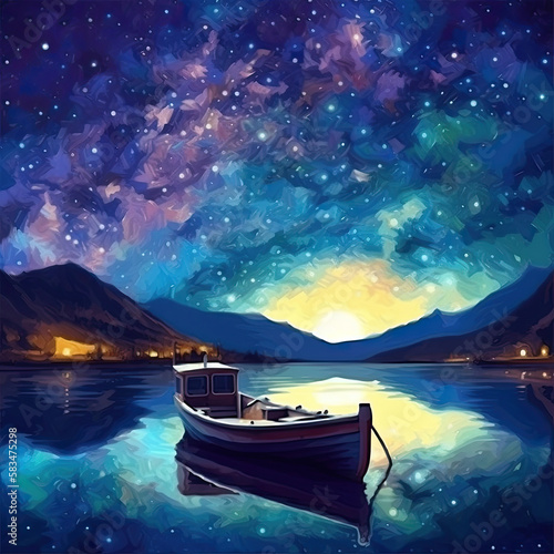 Boat on the Lake of the starry night. Illustration AI Generative.
