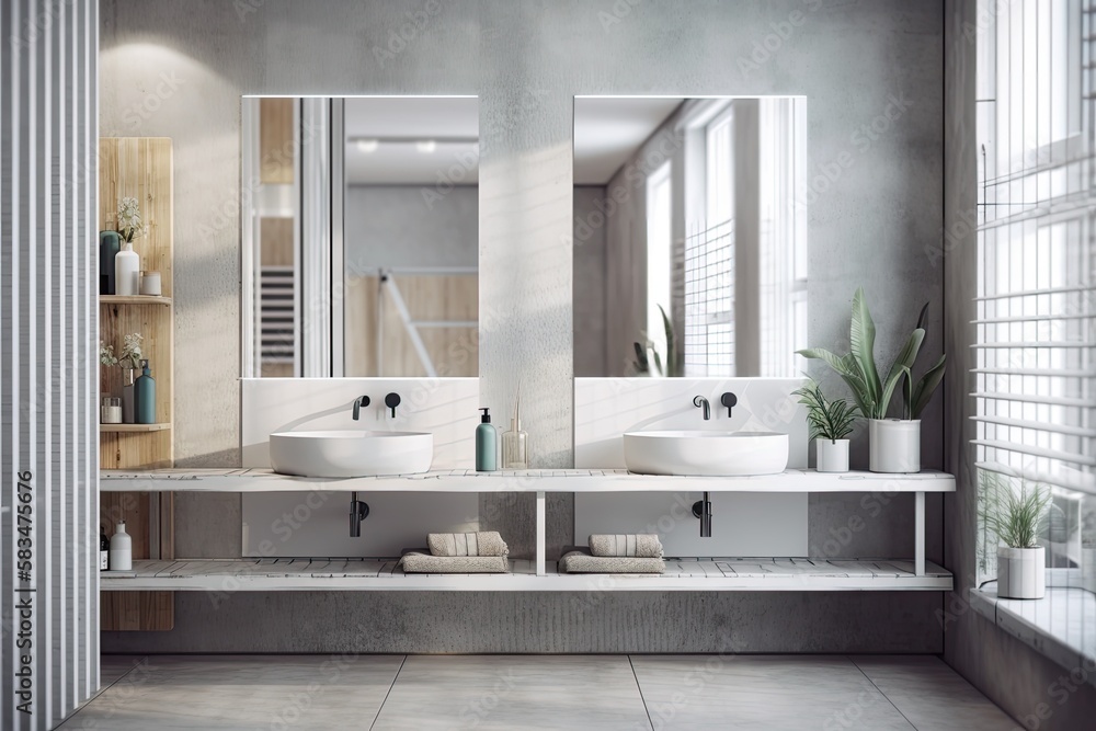 A long white and concrete shelf supports a double sink in this tiled and concrete bathroom, which is also topped with a long horizontal mirror. double exposure toned picture prototype. Generative AI A long white and concrete shelf supports a double sink in this tiled and concrete bathroom, which is also topped with a long horizontal mirror. double exposure toned picture prototype. Generative AI