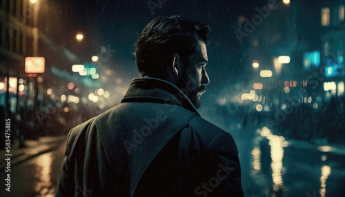 Fictional handsome man with dark hair and beard walking through a rainy city street at night.