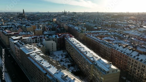 Aerial Stockholm, Vasastan and Birger Jarlsgatan, sunny snowy winter day photo