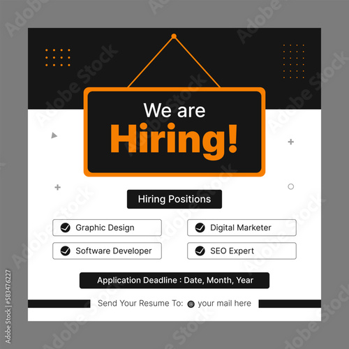 Poster for we are hiring. Social media template for job vacancy recruitment