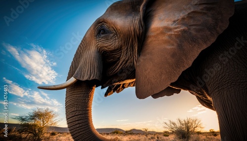 Elephant from below side view golden hour. Generative AI