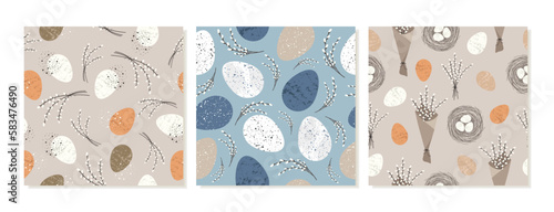 A set of seamless patterns for Easter. Easter eggs with willow bouquet, nest in beige and blue colors. Vector pattern for printing on paper and textile.