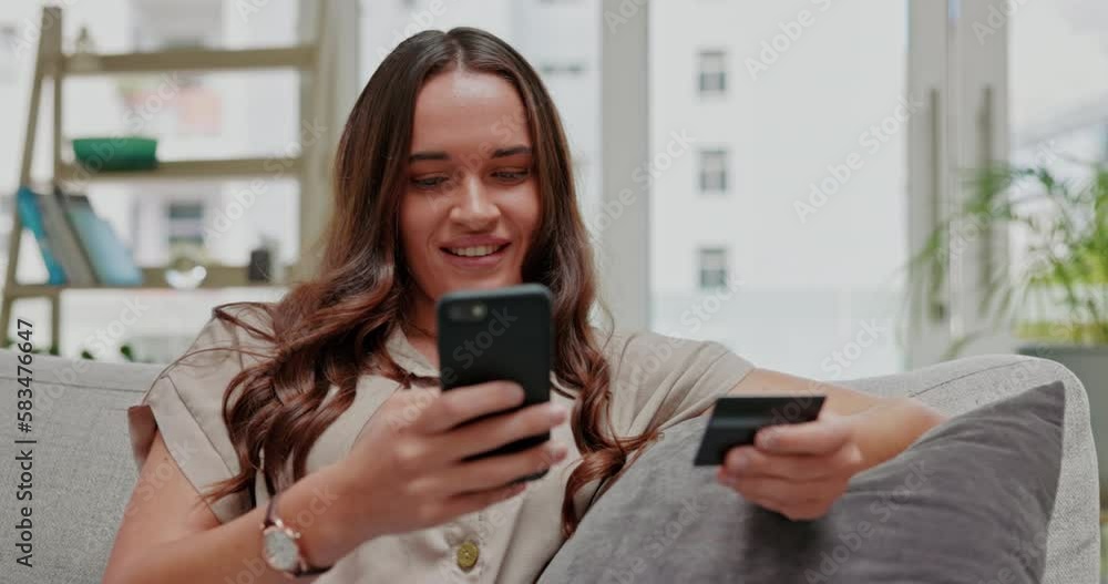 Woman, phone and credit card on sofa for ecommerce, online shopping or wireless transaction at home. Happy female shopper on mobile smartphone for internet banking app or electronic purchase on couch Woman, phone and credit card on sofa for ecommerce, online shopping or wireless transaction at home. Happy female shopper on mobile smartphone for internet banking app or electronic purchase on couch
