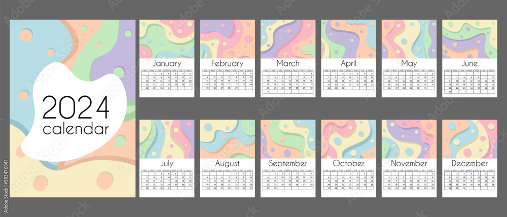 Abstract calendar 2024 in vertical A4 format. Week starts on Sunday. Colorful calendar with geometric waves.12 months and cover.Modern flat style. With grid for notes. Isolated on gray background.