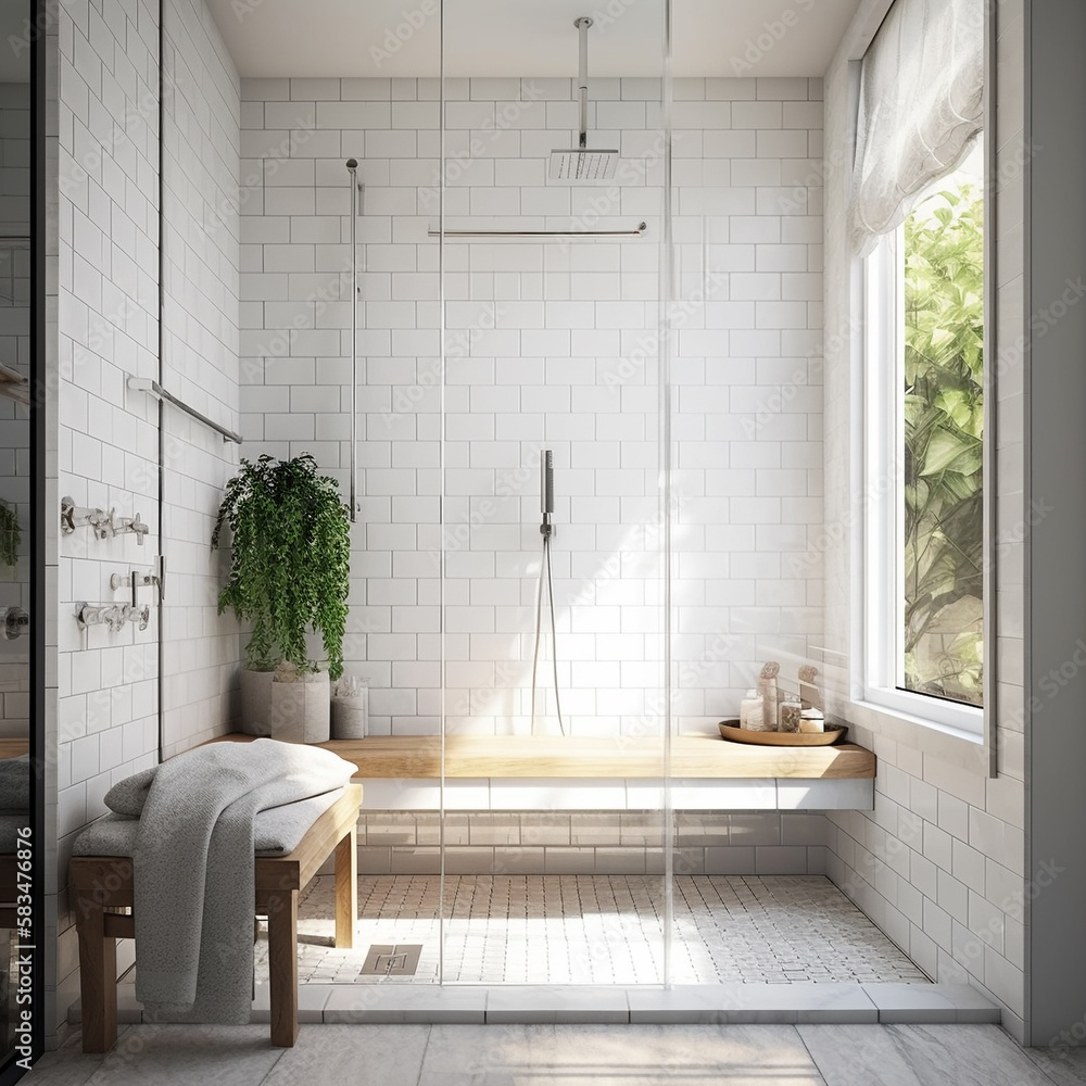 Marble vanity counter, shower bench in white subway tile wall modern