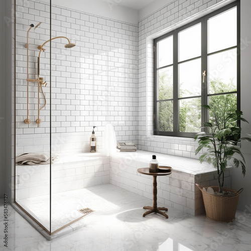 Fotobehang Marble vanity counter, shower bench in white subway tile wall modern luxury show
