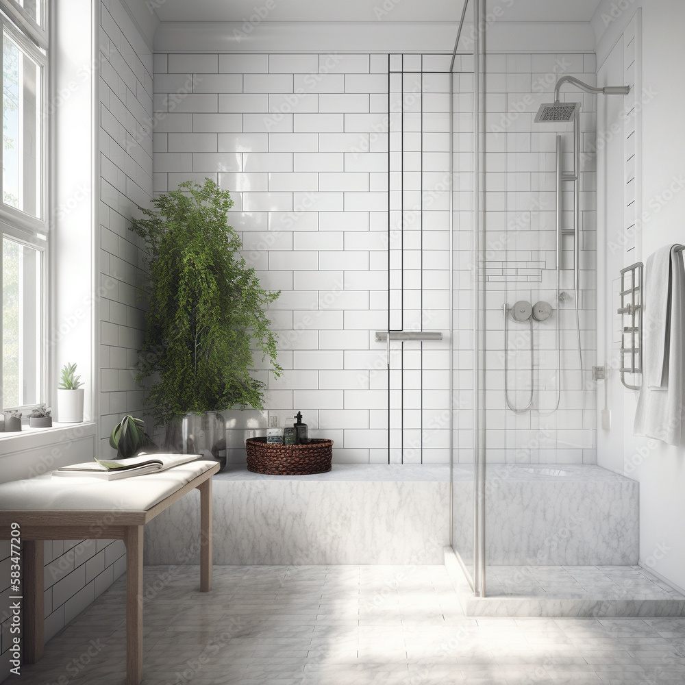 Marble vanity counter, shower bench in white subway tile wall modern ...