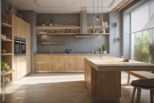 interior of the kitchen, contemporary hardwood furnishings, a bright room, and a wonderful cooking area. Generative AI