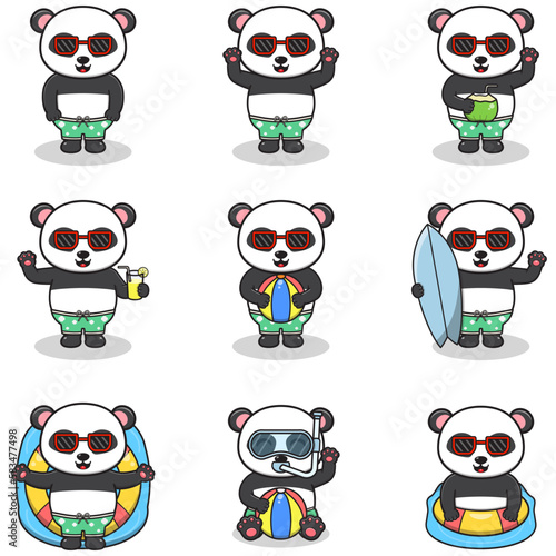 Summer cute Panda vector illustration. Flat Panda Summer Cartoon. Graphic cartoon character for banner, sticker advertising travel in summer theme illustration. Summer holiday concept design.