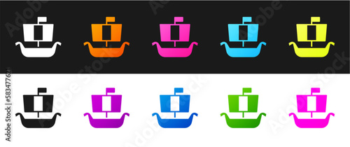 Set Ancient viking scandinavian drakkar icon isolated on black and white background. Viking transport ship. Vector