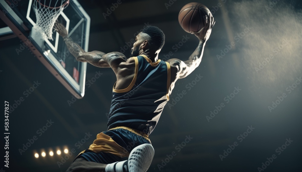 Fictional basketball player about to slam dunk under the court lights.