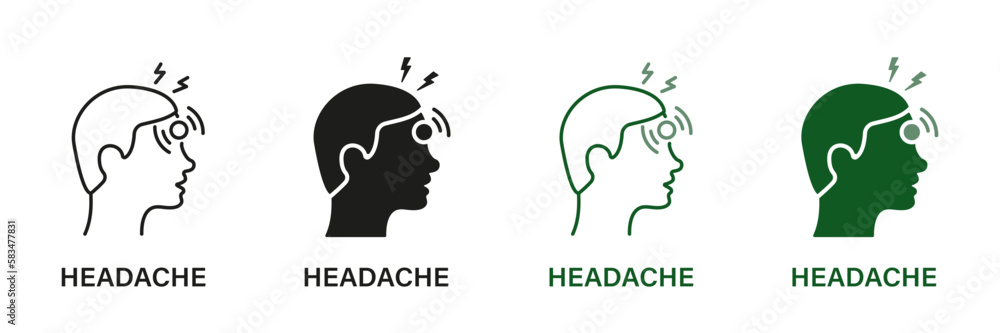 Head Disease, Fatigue Symbol Collection. Headache Line and Silhouette Icon Set. Migraine, Health Problems, Pain, Stress, Tired and Burnout. Symptoms of Virus Disease, Flu, Cold. Vector illustration