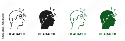 Head Disease, Fatigue Symbol Collection. Headache Line and Silhouette Icon Set. Migraine, Health Problems, Pain, Stress, Tired and Burnout. Symptoms of Virus Disease, Flu, Cold. Vector illustration