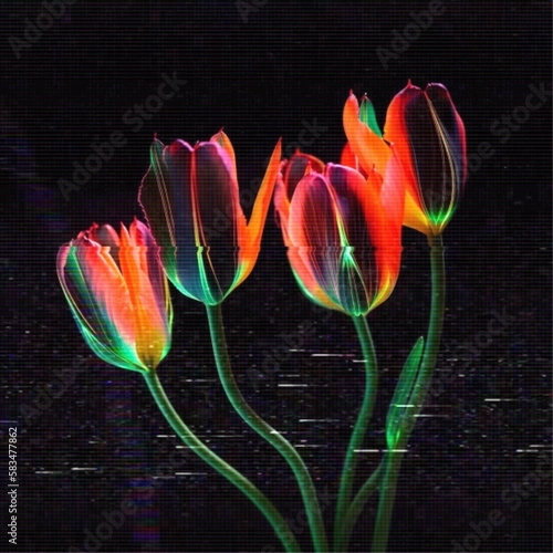 Glitched glowing neon tulips. Abstract glitch background. Cyberpunk wallpaper in a style of 80's. Futuristic concept. EPS 10. Creative graphic design for poster, brochure, flyer and card.