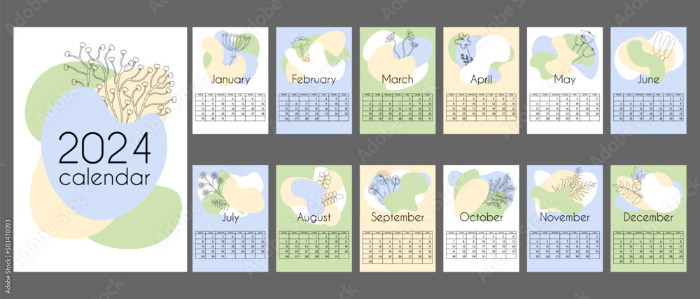 Abstract calendar of 2024 in vertical A4 format.12 months and cover. Calendar in neutral natural colors with abstract spots and linear floral elements. With place for notes. Week starts on Monday.