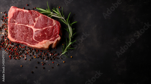 Raw New York Strip steak with pepper, seasoning and green rosemary on blackboard. Generative AI