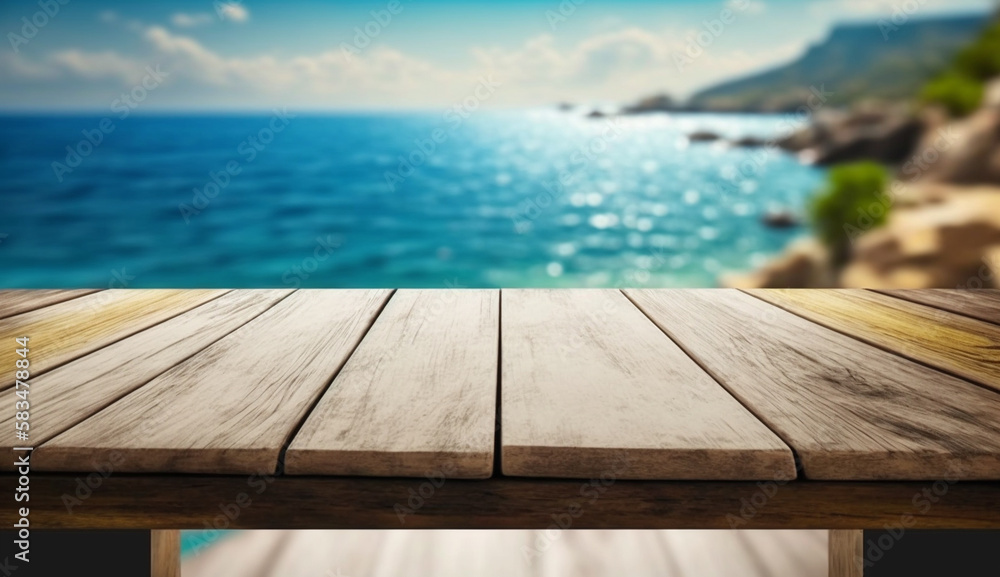 Empty wooden table with blurred sea background.