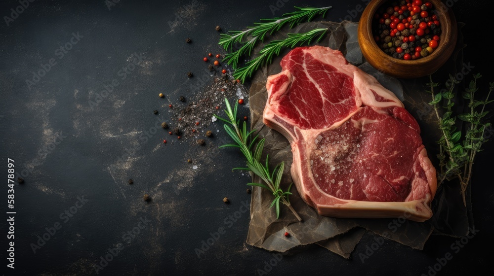 Raw Porterhouse steak with pepper, seasoning and green rosemary on blackboard. Generative AI