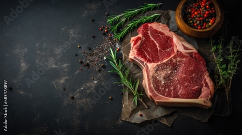 Raw Porterhouse steak with pepper, seasoning and green rosemary on blackboard. Generative AI