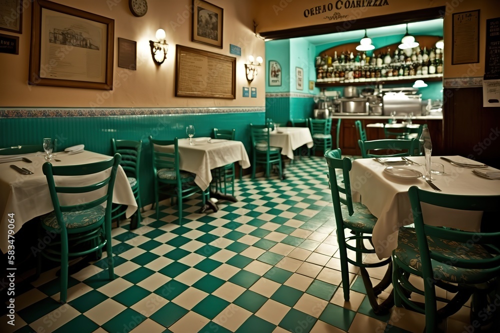 Typical Spanish restaurant with turquoise and white floor, generative AI