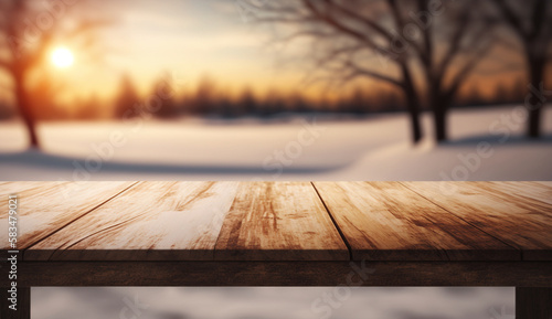 Empty wooden table with blurred winter background.