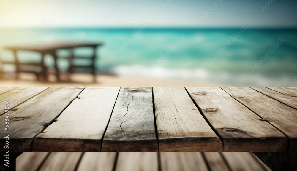 Empty wooden table with blurred sea background. Empty wooden table with blurred sea background.